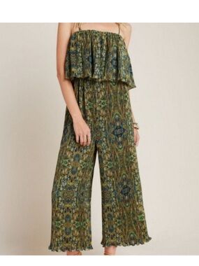 Anthropologie Rdalamal Suzanne Green Printed Pleated Wide-Leg Pants